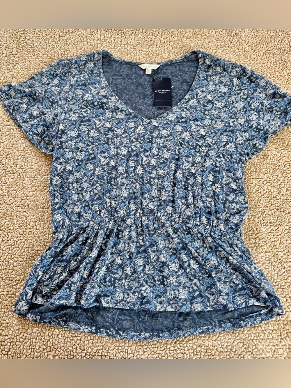 Lucky Brand Blue Floral Peplum Top Large Boho Cottagecore V Neck NWT
